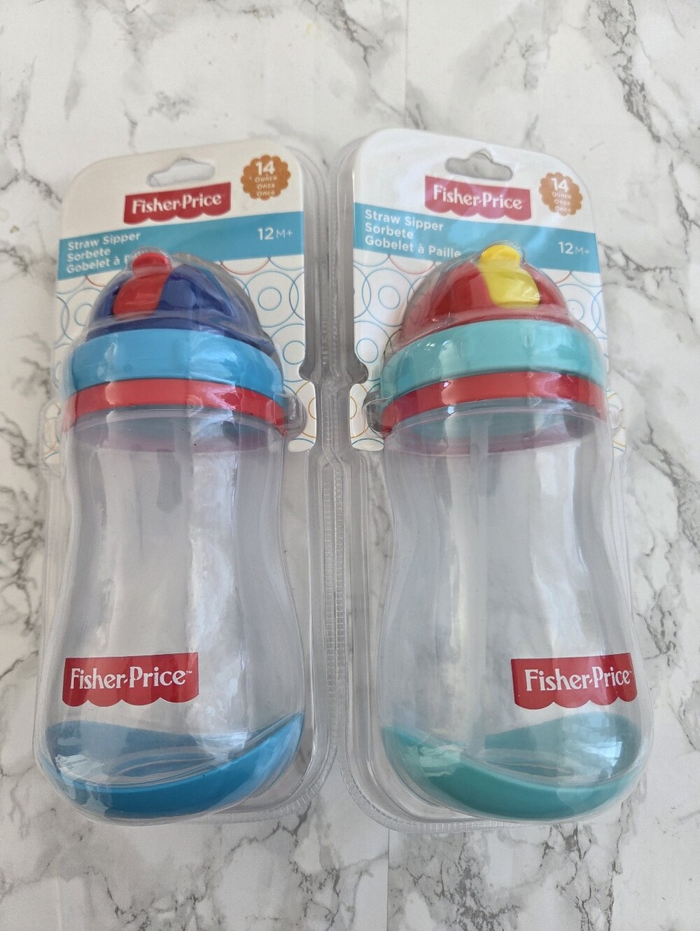 Sippy Cups With Straw Fisher Price Lot of 2 - 14Oz Pop Up Straw Sealed New
